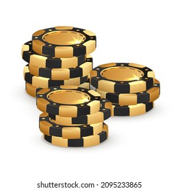 Three stacks of black and gold  poker chips, tokens on white background. Vector illustration for casino, game design, flyer, poster, banner, web, advertising.