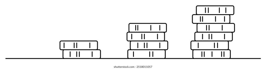 Three stacks of coins, each increasing in height from left to right on a horizontal line. Ideal for finance, savings, investment, economy, growth.