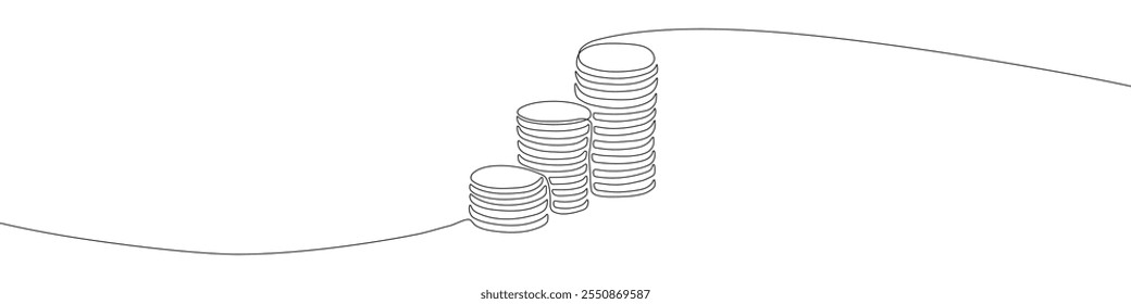 Tres pilas de monedas de Pequeño a Grande. Aumentar los presupuestos, los ingresos, los desembolsos en efectivo. Dinero Ilustración vectorial de dibujo de línea continua