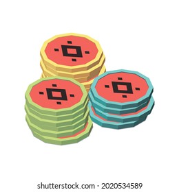 Three stacks of colorful board game chips 3d isometric vector illustration