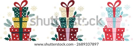 Three stacks of colorful christmas presents isolated on white background