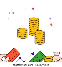 Three stacks of gold coins filled line vector icon, simple illustration, finance and money related bottom border.