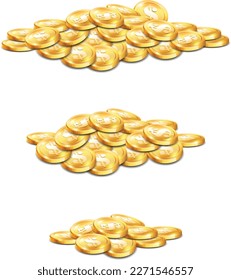 Three stacks  of golden playing chips on a white background. High detailed realistic illustration.