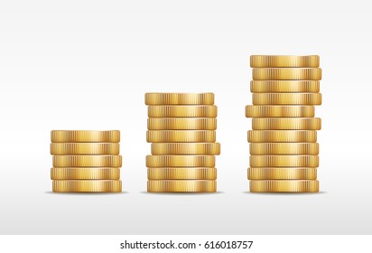 Three stacks of golden shiny coins vector illustration 