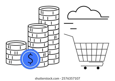 Three stacks of money coins and a blue dollar symbol next to a shopping cart outline and a cloud icon. Ideal for concepts like shopping online, e-commerce, cloud storage, financial growth, and cost