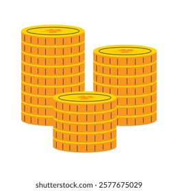 Three stacks of shiny gold coins, each topped with a shamrock, symbolizing St. Patrick's Day and prosperity. Vector illustration. 