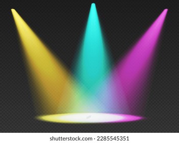 Three stage limelights. Yellow, blue and pink cone lights from top with darkened edges. Volumetric spotlight effect on dark background. Empty studio or concert scene. 3d rendering.