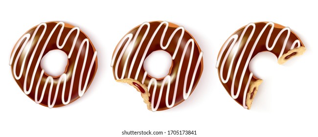 Three stages of
chocolate donut biting on white background. Sweet donut with glaze with chocolate stuffing. Realistic vector illustration.