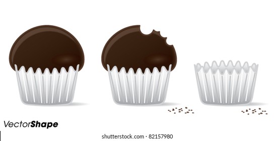 Three stages of chocolate muffin cake in a cup. One whole, one bitten, one eaten. Vector illustration