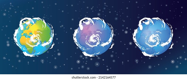 Three stages of climate change on planet Earth. Vector illustration on a dark background.