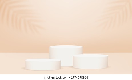 Three stages or cylinder platforms or pedestals on cream background. Palm leaves on the wall. Leaf blurred overlays. Cream, sepia, pastel colors. Three-dimensional 3d white stages. Vector illustration