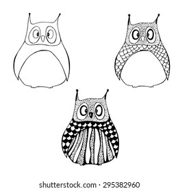 Three stages of drawing owl.