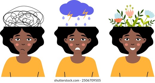 Three stages of emotional change shown in a woman's evolving thoughts and feelings