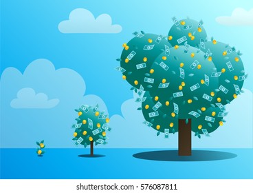 The three stages of growth of a monetary tree. Concept of business situation. Flat design vector illustration clip art.