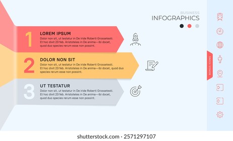 Three stages or three options. Vector business infographic template with icons and palette. All the elements are laid out in layers