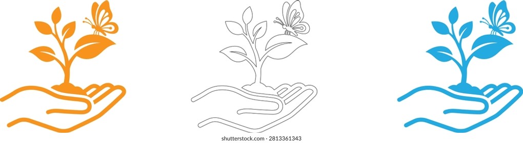 Three stages of plant growth with hands and water illustration isolated on transparent background, Vector