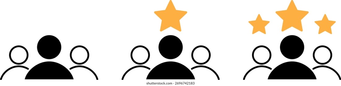 Drei Stadien der Teamrepräsentation, die Wachstum und Anerkennung mit goldenen Sternen als Symbol für Erfolg und Leistung zeigen.