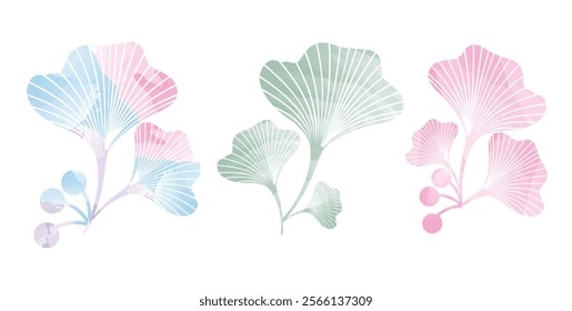 three stalks ginkgo leaves watercolor painting