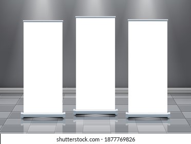 Tres estadios o banner de enrollado muestran burla.  Modelo en blanco de diseño de arte. Elemento de presentación promocional gráfico conceptual. Ilustración vectorial creativa de banderas de enrollamiento vacías