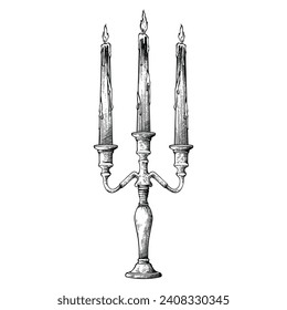 Three Standing Candles With Burning Flames Engraving Pen and Ink Vintage Vector illustration