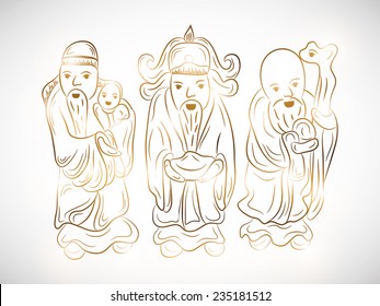 Three standing Chinese Gods with golden outline on grey background. 