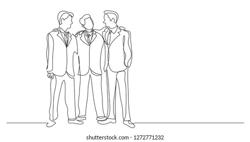 three standing friends in suits - one line drawing
