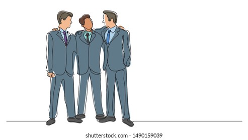 three standing friends in suits - one line drawing