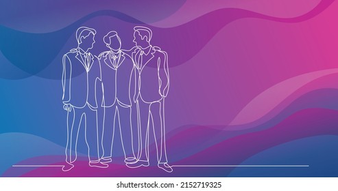 three standing friends in suits - one line drawing