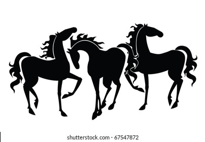 Three Standing Horses. Black silhouettes. Vector illustration on white background.
