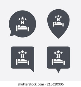 Three star Hotel apartment sign icon. Travel rest place. Sleeper symbol. Map pointers information buttons. Speech bubbles with icons. Vector