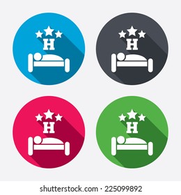 Three star Hotel apartment sign icon. Travel rest place. Sleeper symbol. Circle buttons with long shadow. 4 icons set. Vector