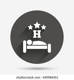 Three star Hotel apartment sign icon. Travel rest place. Sleeper symbol. Circle flat button with shadow. Vector