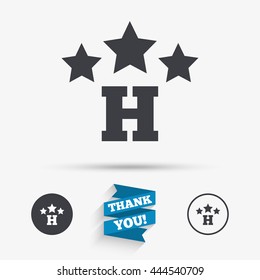 Three star Hotel apartment sign icon. Travel rest place symbol. Flat icons. Buttons with icons. Thank you ribbon. Vector