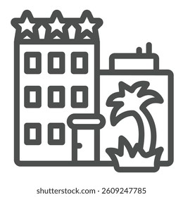 Three star hotel building and palm tree line icon, tropical voyage concept. Vector graphics. Middle city house, travel sign on white background, outline style icon for mobile or web design