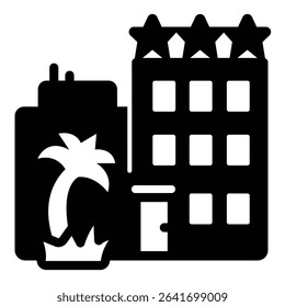 Three star hotel building and palm tree solid icon, tropical voyage concept. Vector graphics. Middle city house, travel sign on white background, style mobile or design