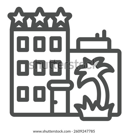 Three star hotel building and palm tree line icon, tropical voyage concept. Vector graphics. Middle city house, travel sign on white background, outline style icon for mobile or web design