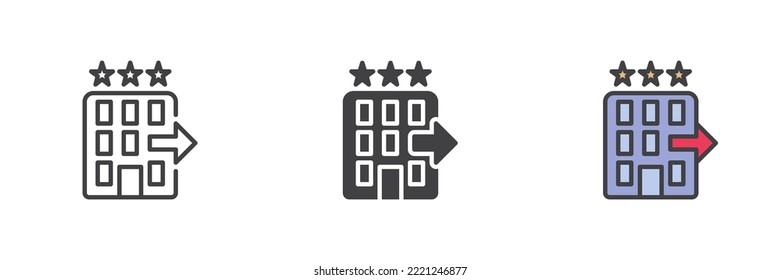 Conjunto de iconos de estilos diferentes de tres estrellas. Línea, glifo y contorno relleno versión colorida, contorno y signo vectorial relleno. Símbolo, ilustración del logotipo. Gráficos vectoriales