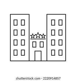 Icono de línea de hotel de tres estrellas. Edificio, tarifa, rating, vivo, estancia, habitación, traje, descanso, vacaciones, fin de semana, viaje, viaje de negocios. El concepto de alojamiento Icono de línea negra del vector en fondo blanco