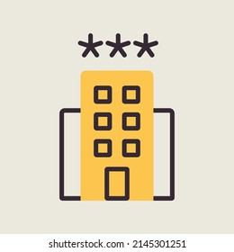 Icono aislado del vector de hotel de tres estrellas. Símbolo gráfico del sitio web de viajes y turismo y diseño de aplicaciones, logotipo, aplicación, interfaz de usuario