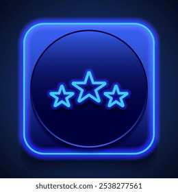 Three star, rate simple icon vector. Flat design. Blue neon style on button. With shadow.ai