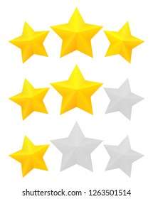 Three star rating. Different ranks from one to three stars. Golden embossed and gray transparent stars. Vector, isolated, eps 10.