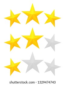 Three star rating. Different ranks from one to three stars. Golden embossed and gray transparent stars.