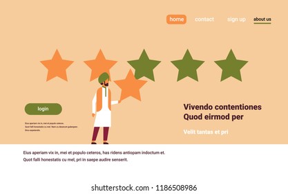 three star rating indian man giving feedback concept hindu male cartoon character traditional clothes flat horizontal copy space vector illustration