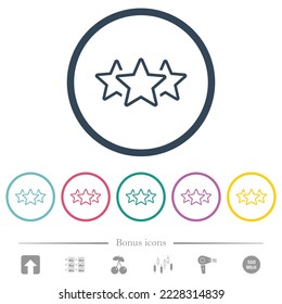 Three star rating outline flat color icons in round outlines. 6 bonus icons included.