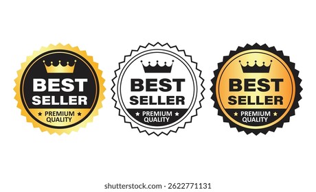 three star-edged round badges with best seller and premium quality text featuring crowns, symbolizing top product ranking, quality assurance