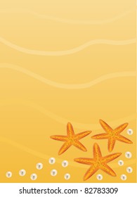 Three starfish arranged on beach with pearls