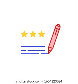 three stars, best rating and feedback icon. concept of fast expression of opinion or loyalty answer on website from happy user. simple flat design abstract blue text with red pen on white background