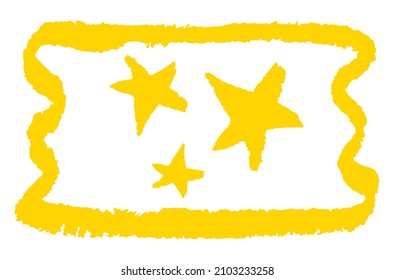Three stars in equal measure. Sticker, scotch tape, ticket. Drawn in pencil by hand. Torn texture. Pentagonal star. Simple, modern, astronomical. Element for creating a design. svg
