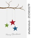 Three stars hanging from a bare branch is wishing merry christmas on a white background. Simple minimalistic vector card, design template