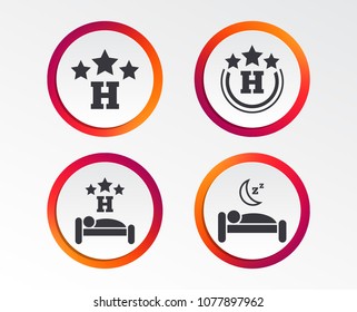 Three stars hotel icons. Travel rest place symbols. Human sleep in bed sign. Infographic design buttons. Circle templates. Vector